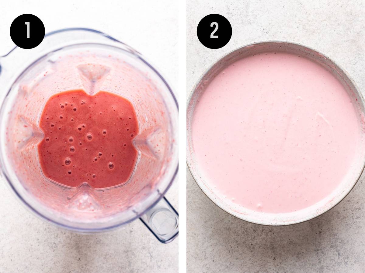 Strawberries and bananas blended in a blender. Then added to yogurt in a large bowl.