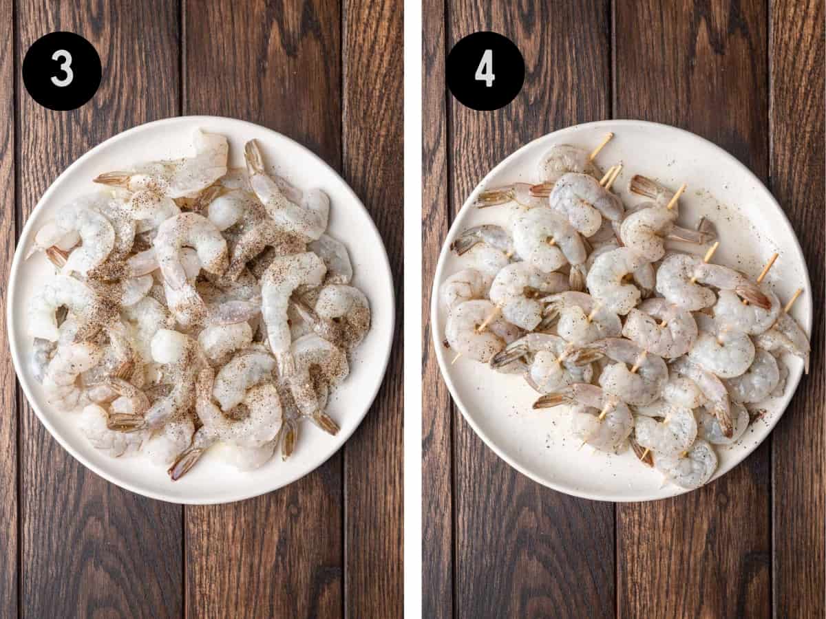 Seasoned shrimp on a plate, then skewered.
