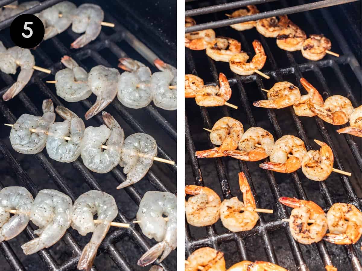 Shrimp on a pellet grill before and after smoking.