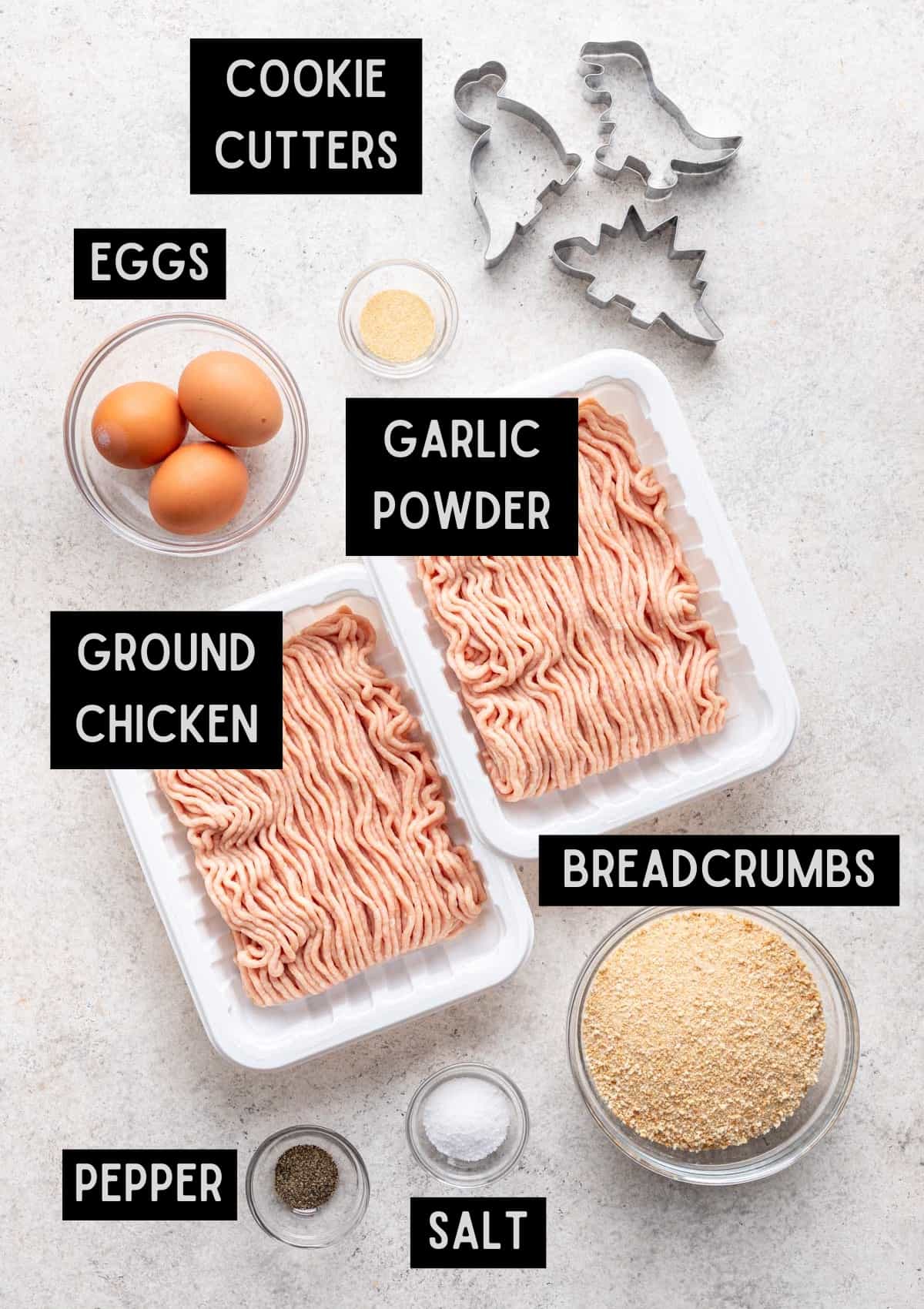 Labelled ingredients for dinosaur chicken nuggets (see recipe for details).