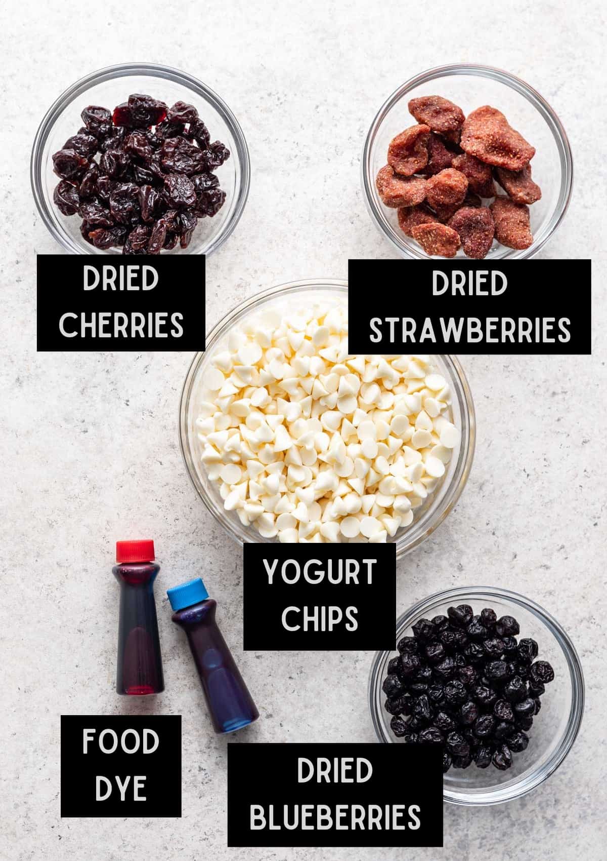 Labelled ingredients for homemade Yogos (see recipe for details).