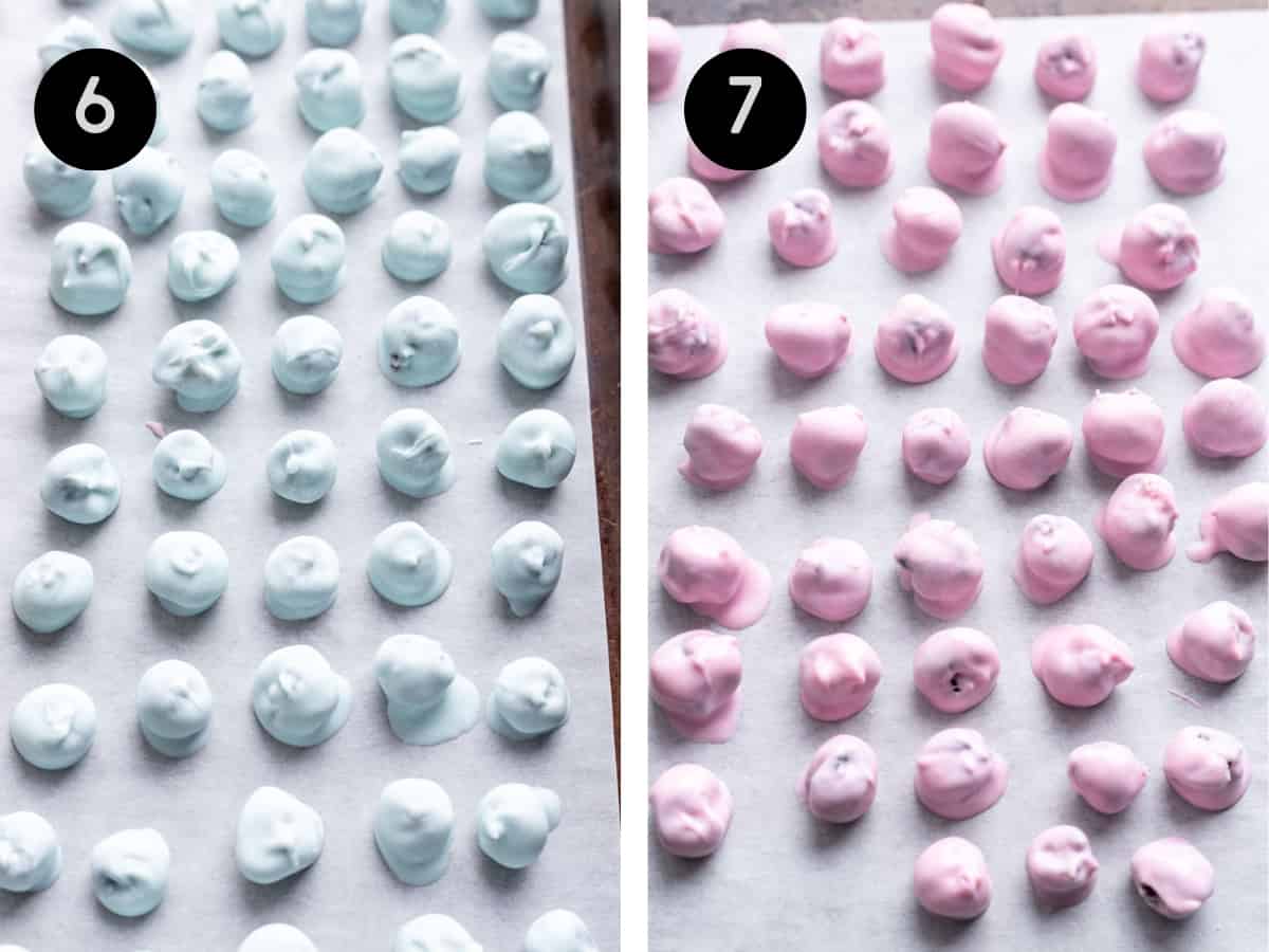 Blue and pink yogos on a baking sheet.