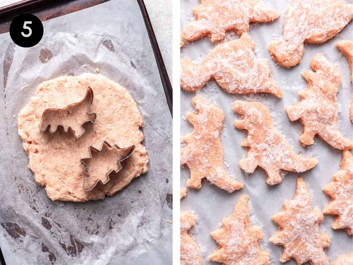 Dinosaur shaped cookie cutters cutting ground chicken into dinosaur shapes, then frozen.