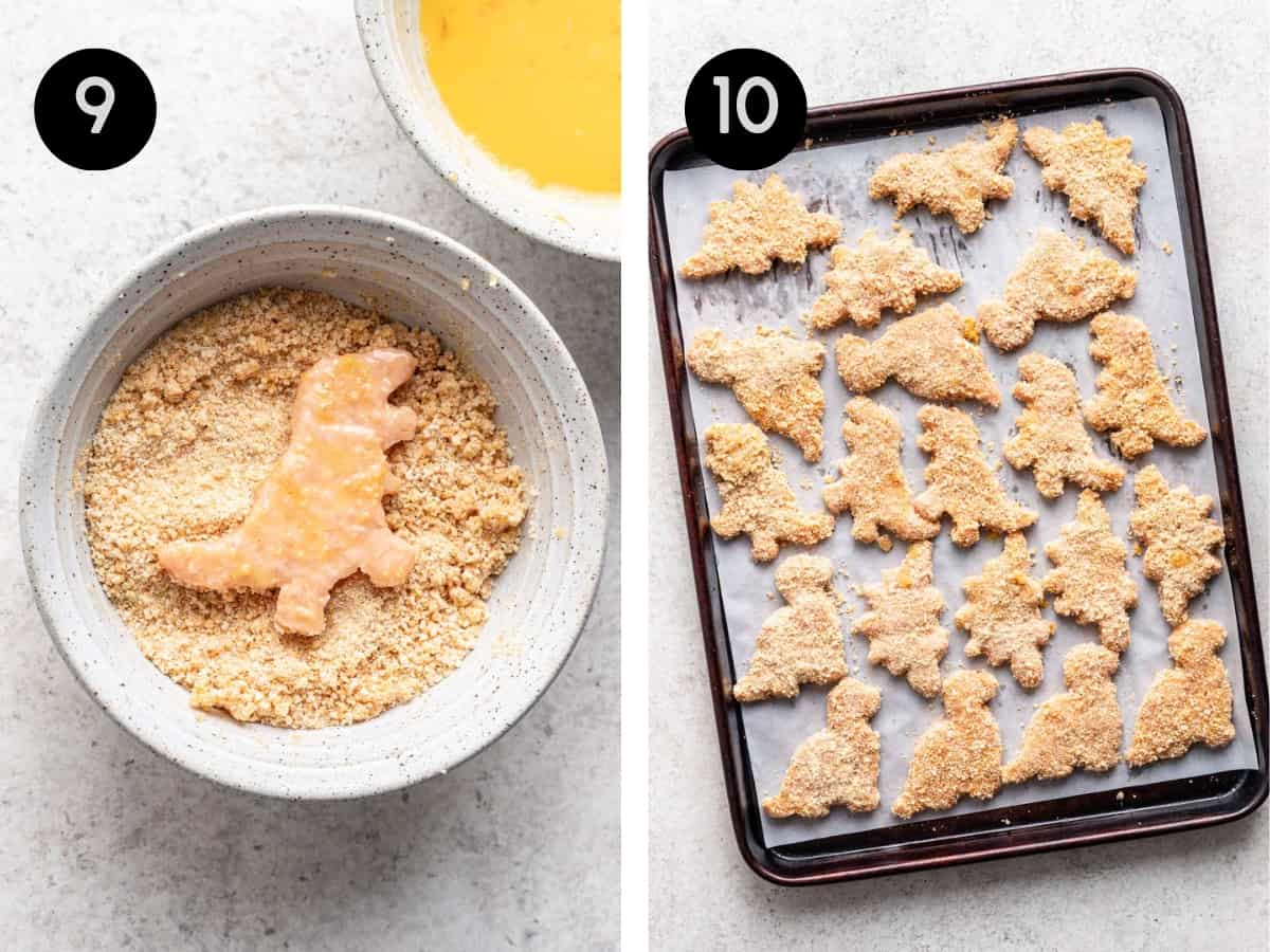 Egg dipped dinosaur nugget in breadcrumbs, then placed on a baking sheet.