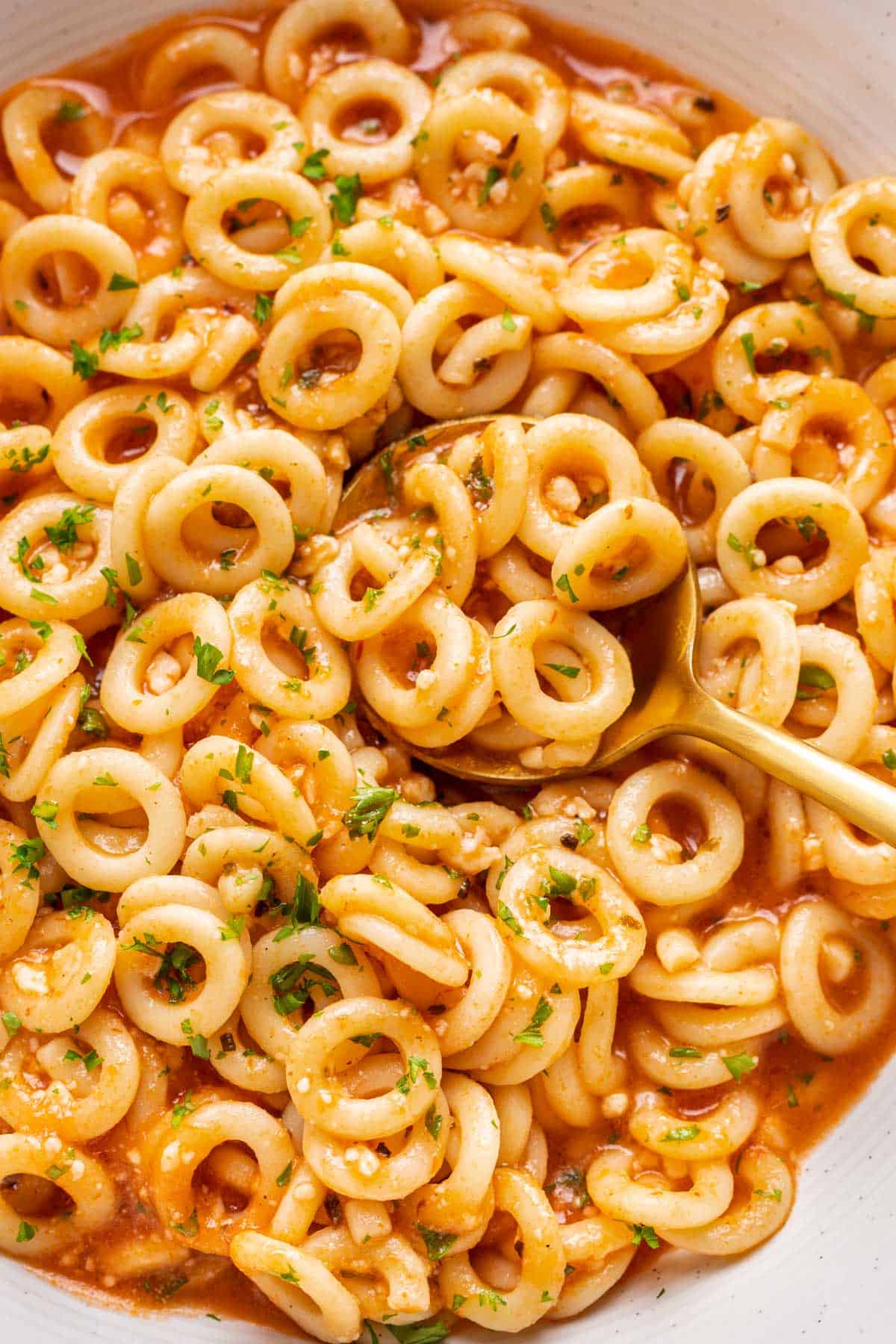 Homemade spaghettios scooped on a spoon.