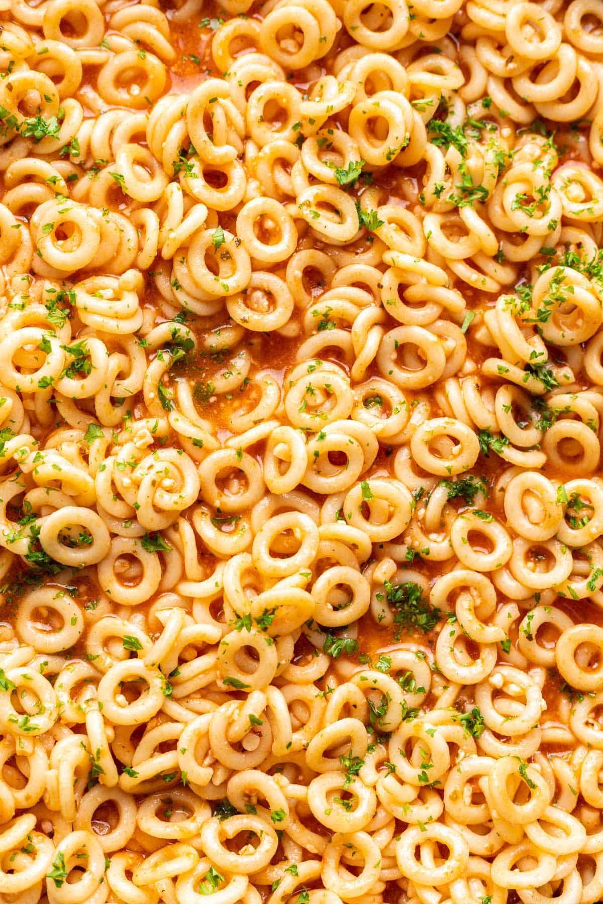 Homemade spaghettios with parsley on top for garnish.