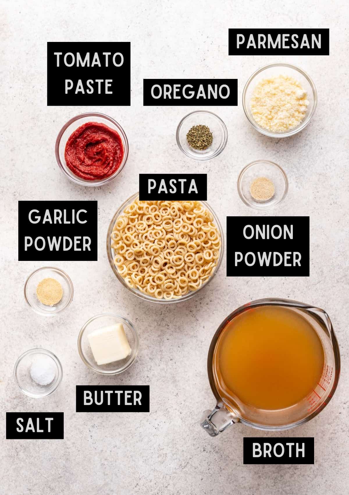 Labelled ingredients for homemade spaghettios (see recipe for details).