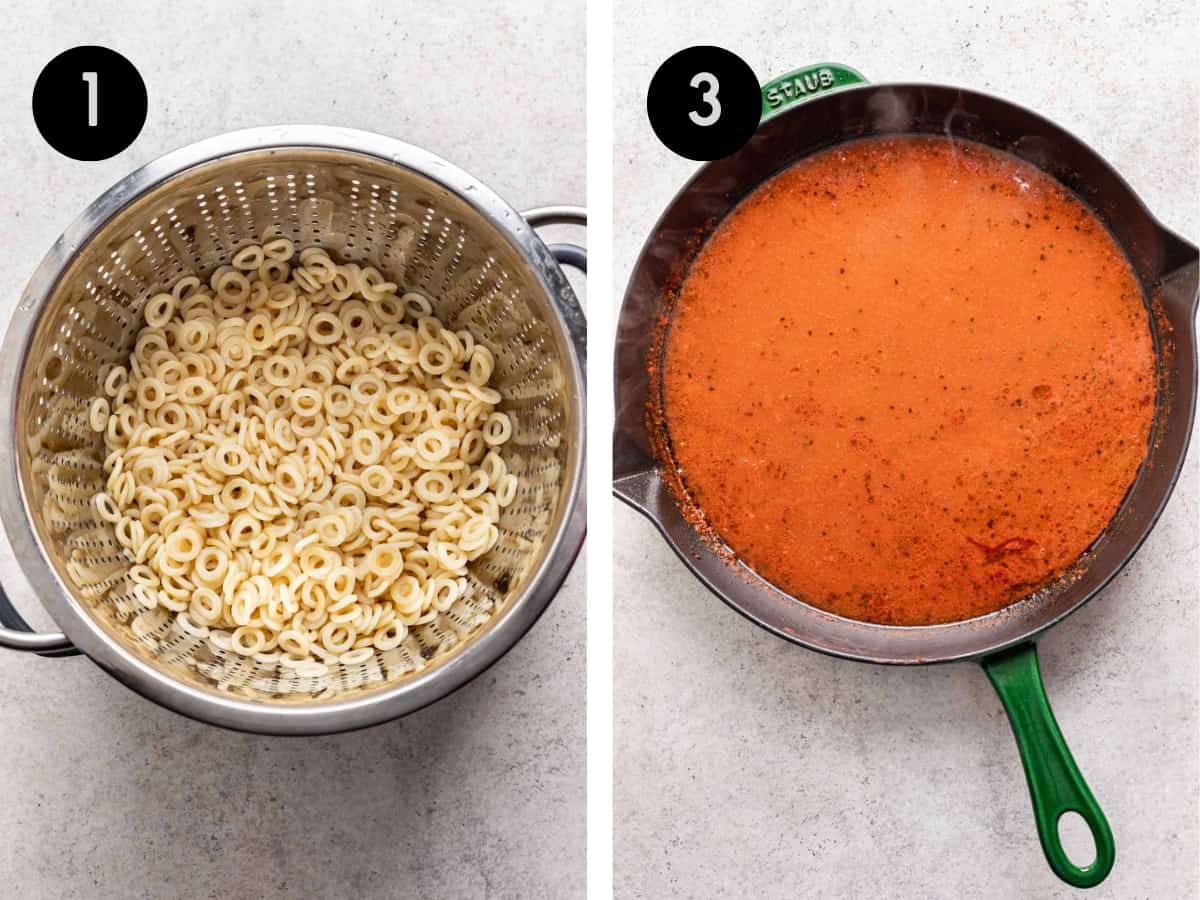 Cooked pasta in a colander. The sauce cooked in a skillet.