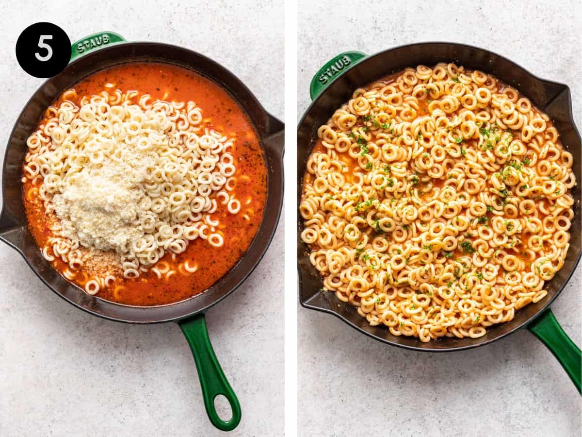 Cooked pasta, sauce, and parmesan cheese added to the skillet.