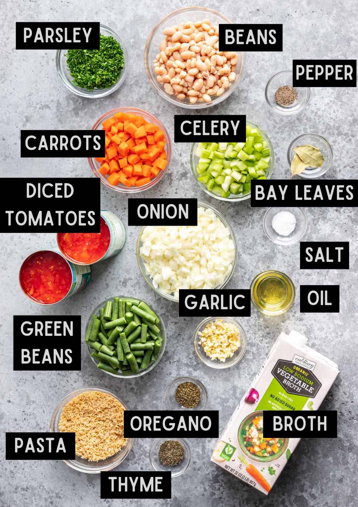 Labelled ingredients for Alphabet Soup (see recipe for details).