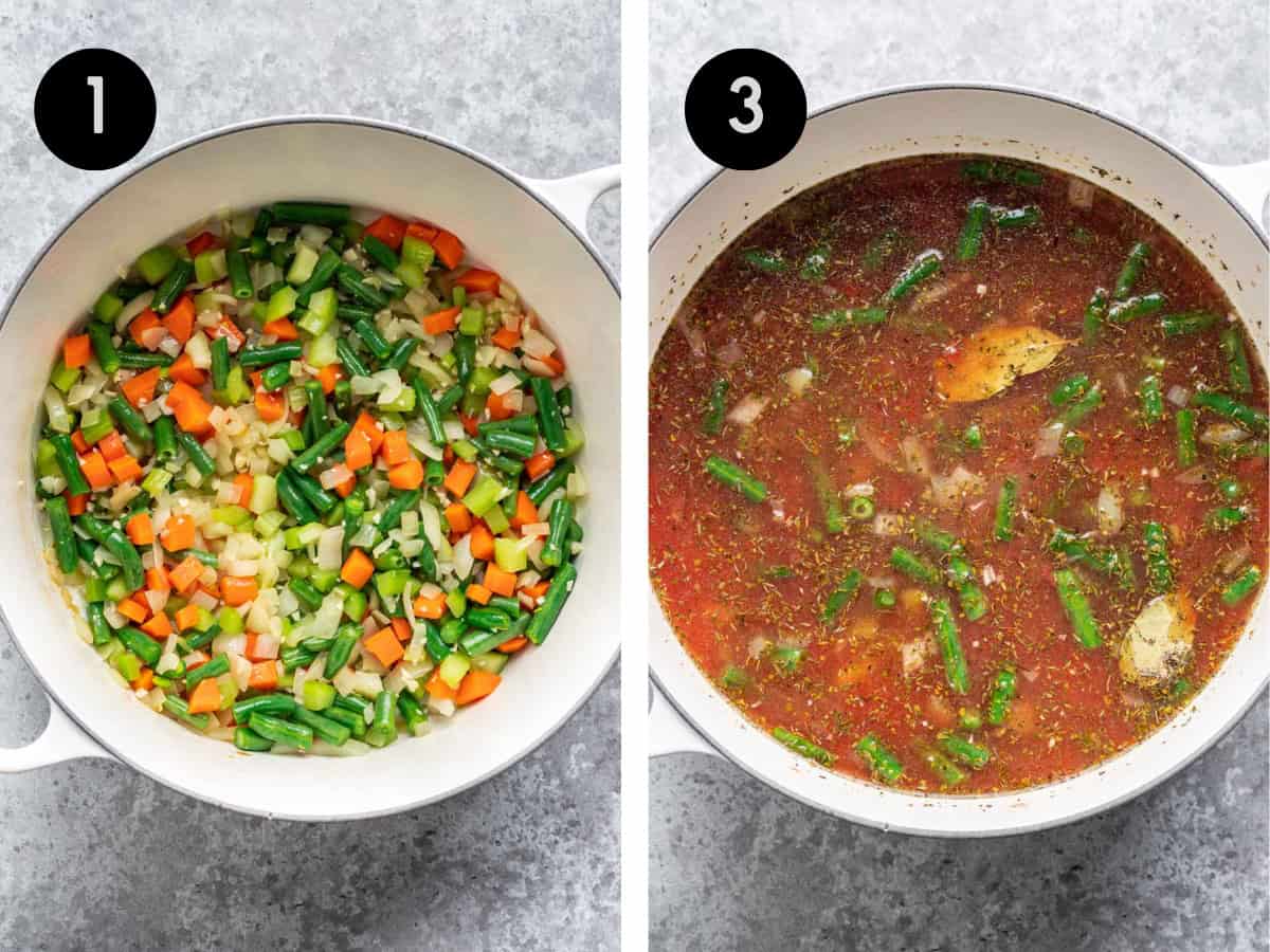 Veggies sautéed in a large pot. Then, beans, broth, and spices added to the pot.