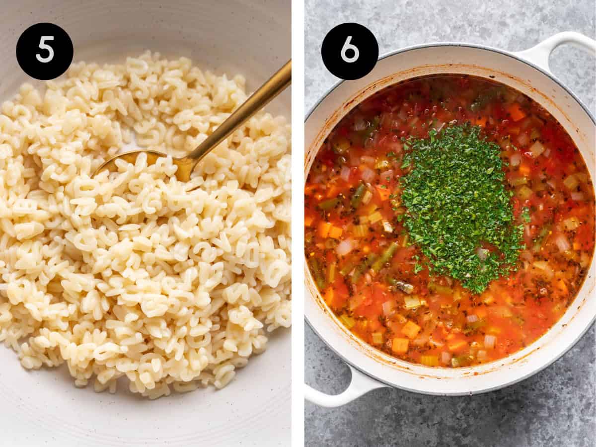 Cooked ABC pasta in a bowl. Parsley added to the cooked soup.