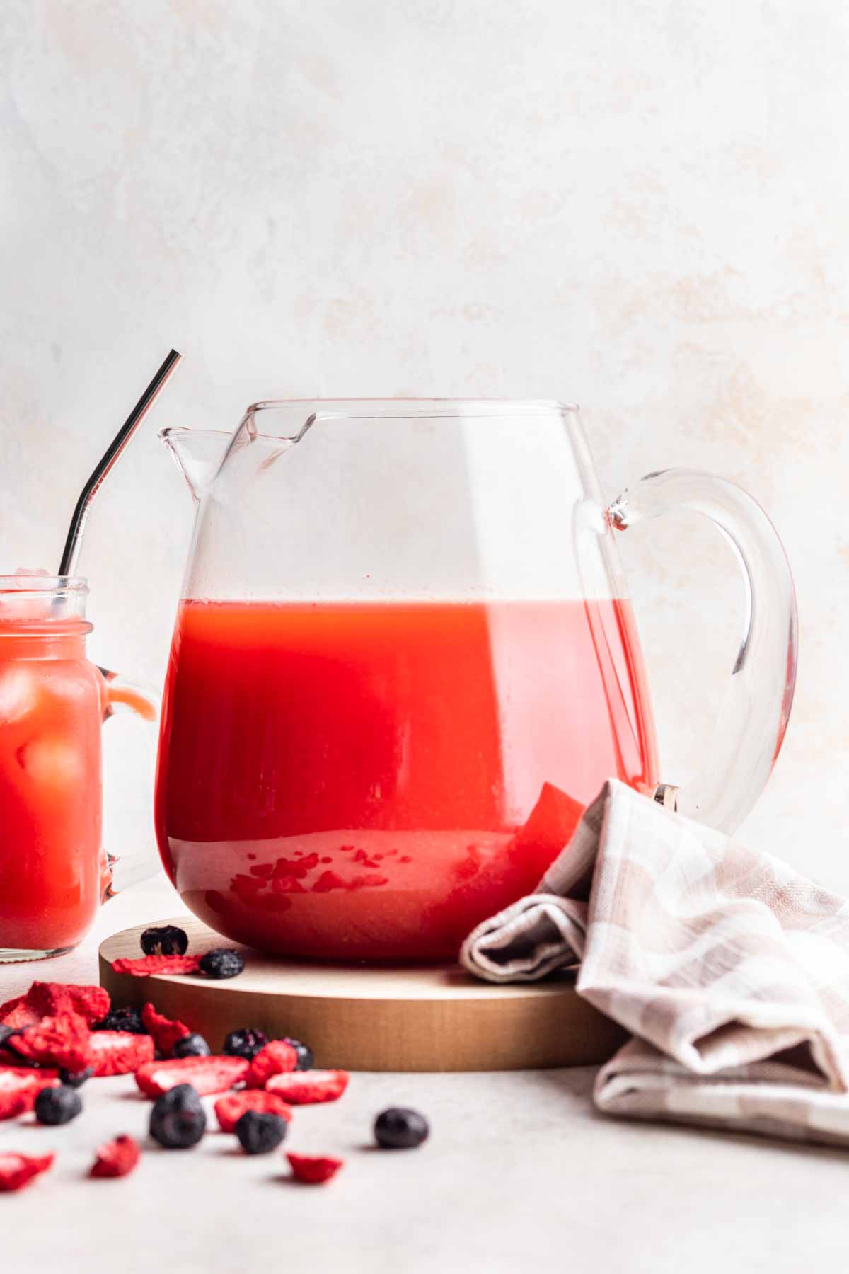 Homemade kool aid sifted in a pitcher.