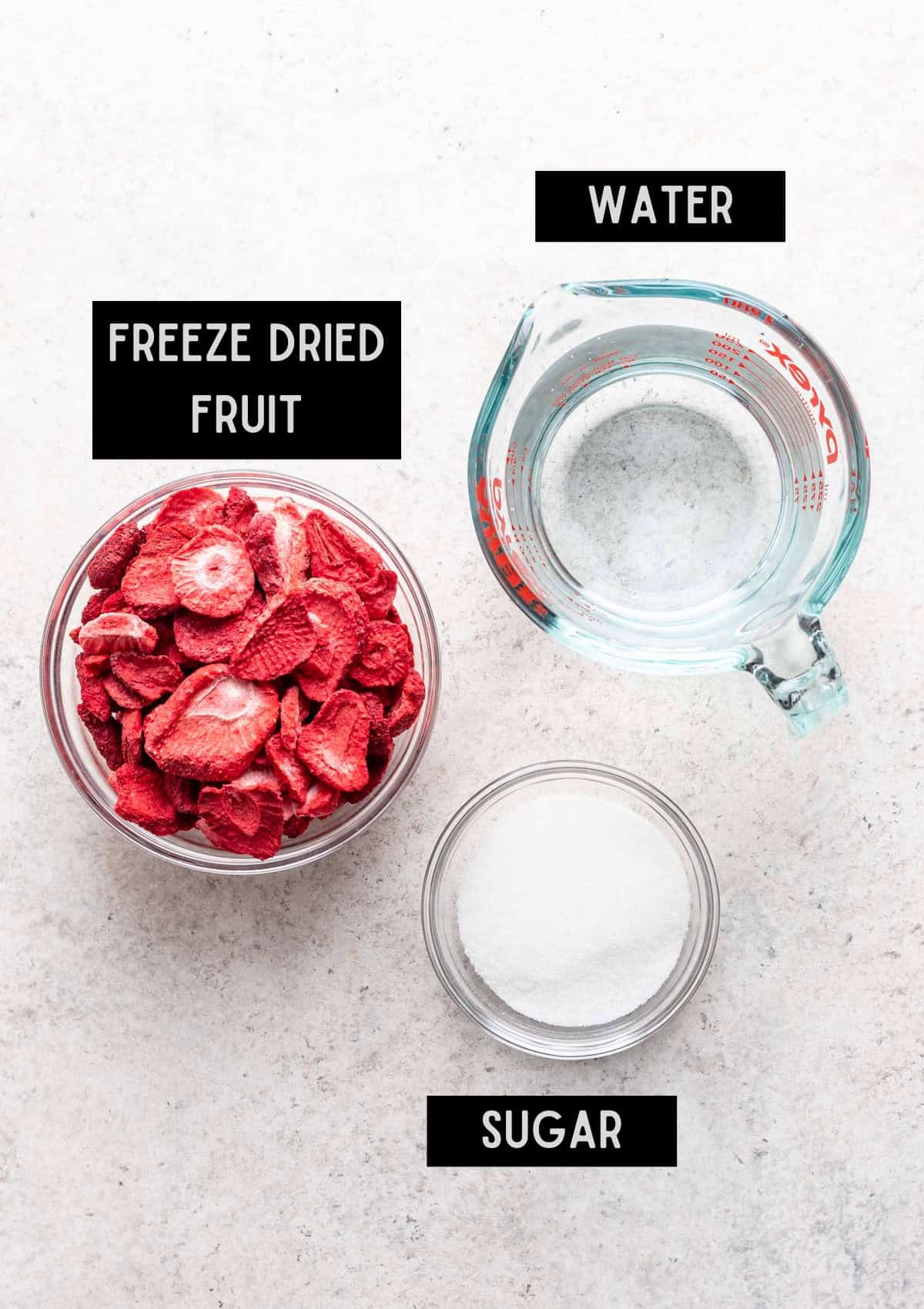 Labelled ingredients for homemade kool aid (see recipe for details).