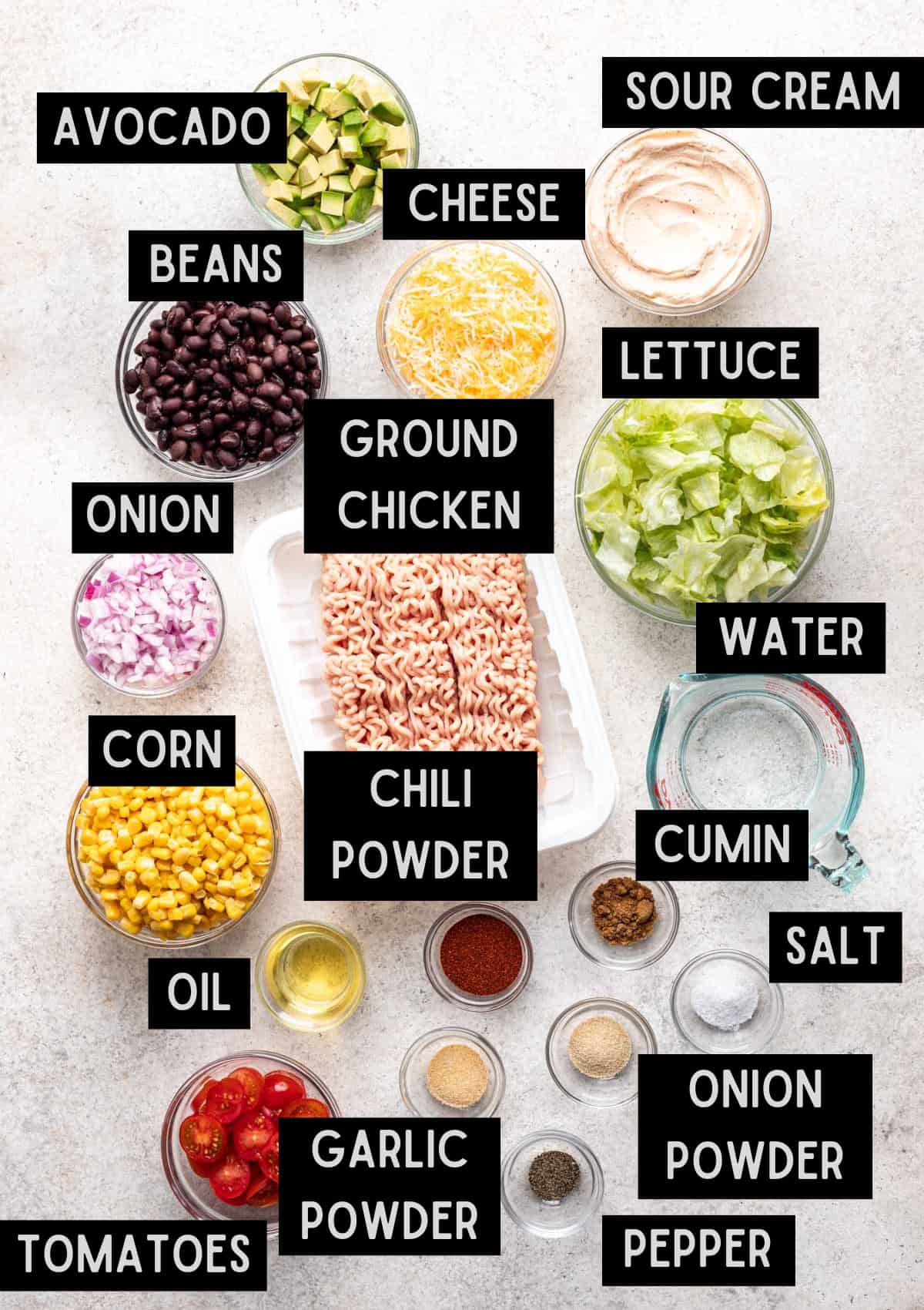 Labelled ingredients for layered taco salad (see recipe for details).