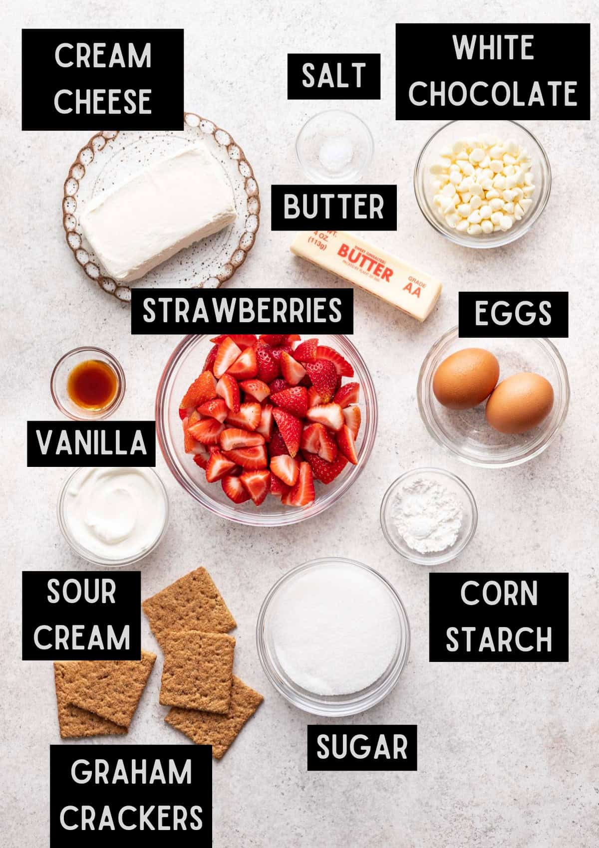 Labelled ingredients for Strawberry Cheesecake Bars (see recipe for details).