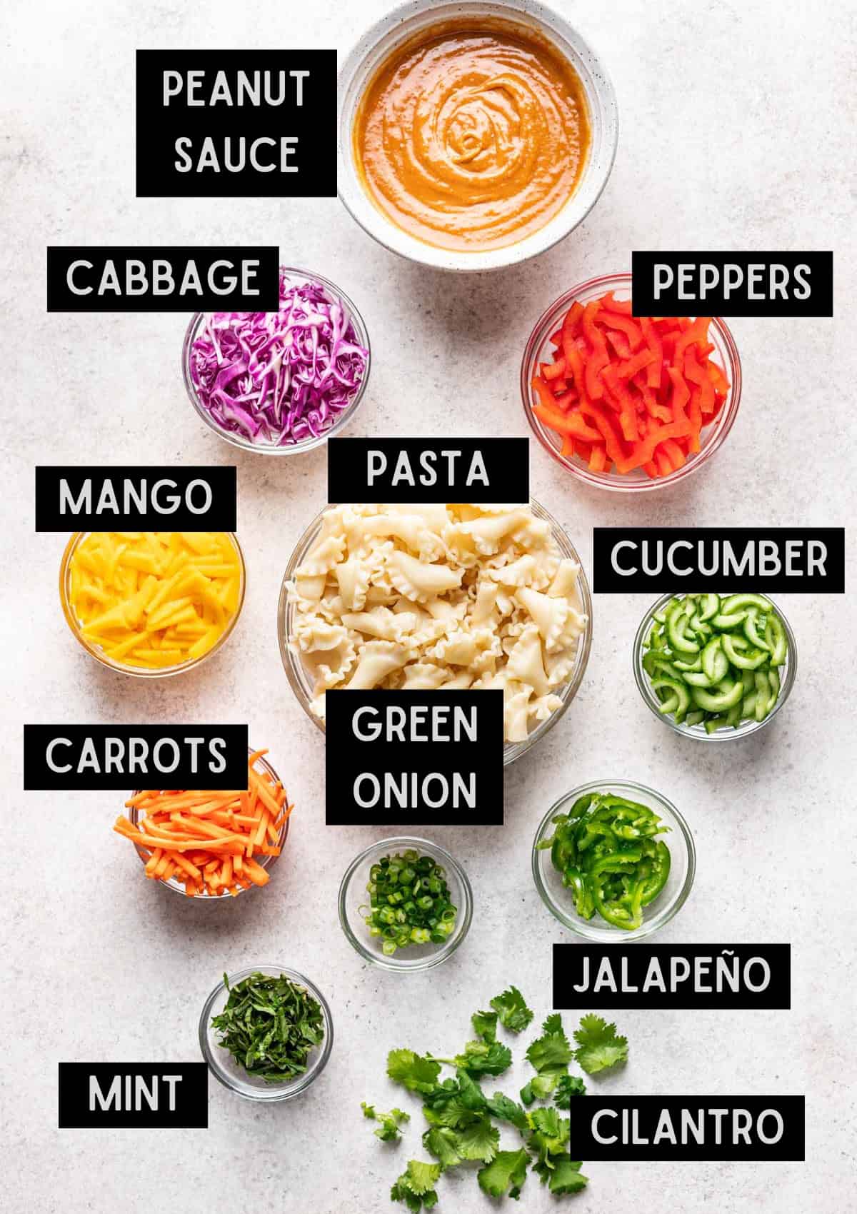 Labelled ingredients for summer roll pasta salad (see recipe for details).