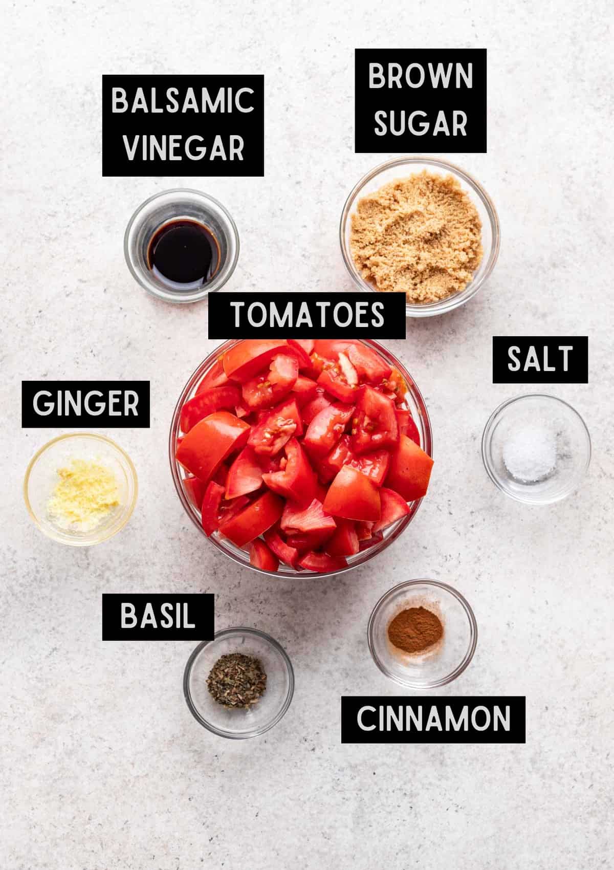 Labelled ingredients for tomato jam (see recipe for details).