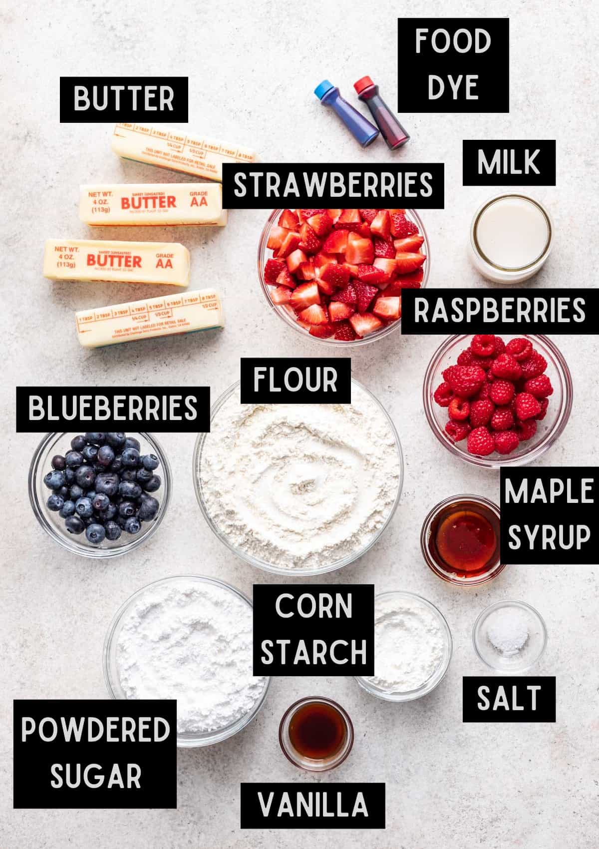 Labelled ingredients for homemade wild berry pop tarts (see recipe for details).