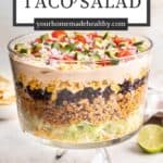 Pin graphic for layered taco salad.