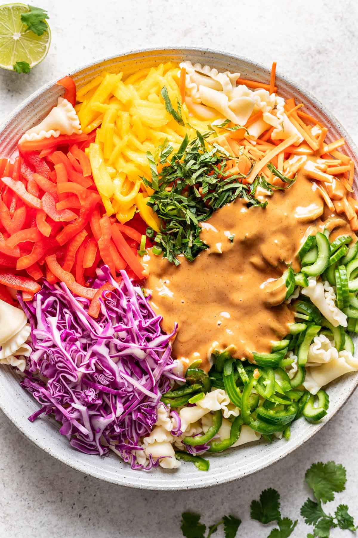 Sliced veggies, pasta, and peanut sauce in a large serving bowl.