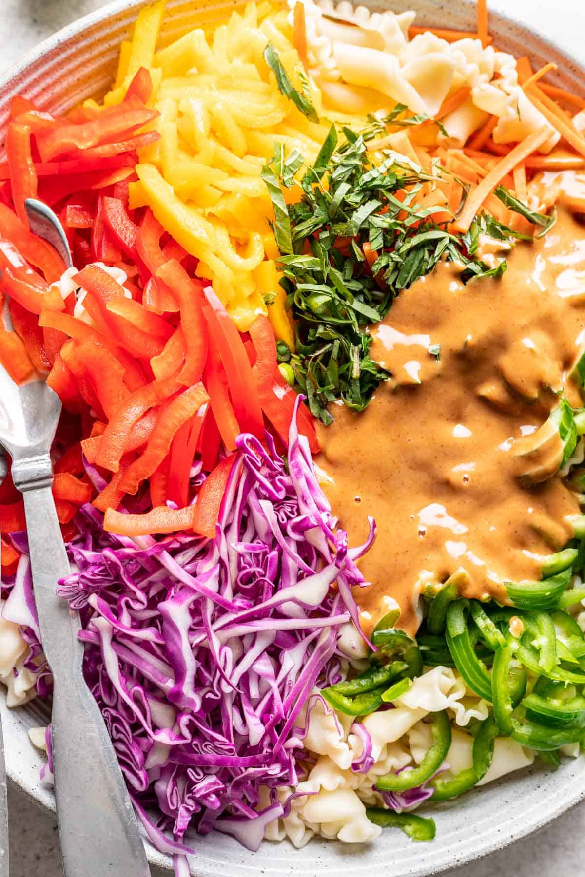 Spicy peanut sauce on top of veggies and pasta.