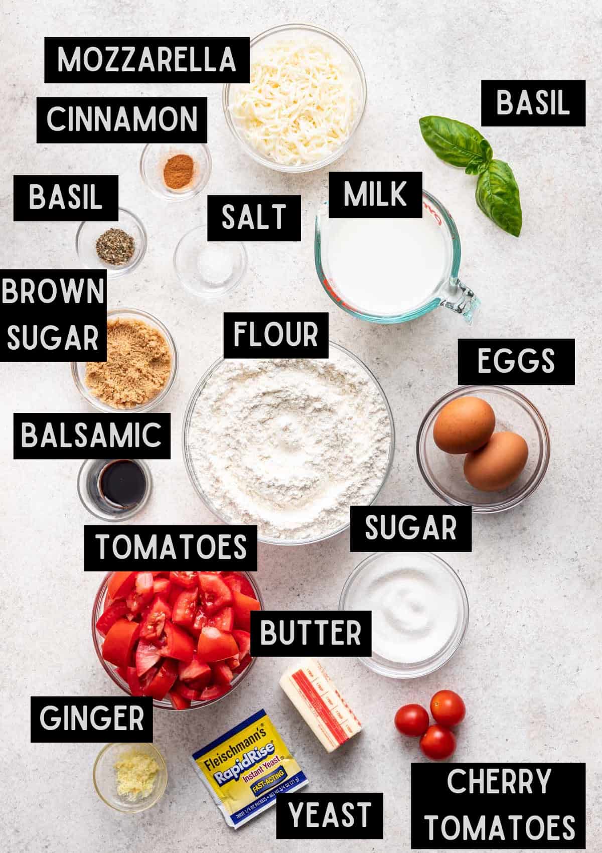 Labelled ingredients for caprese rolls (see recipe for details).