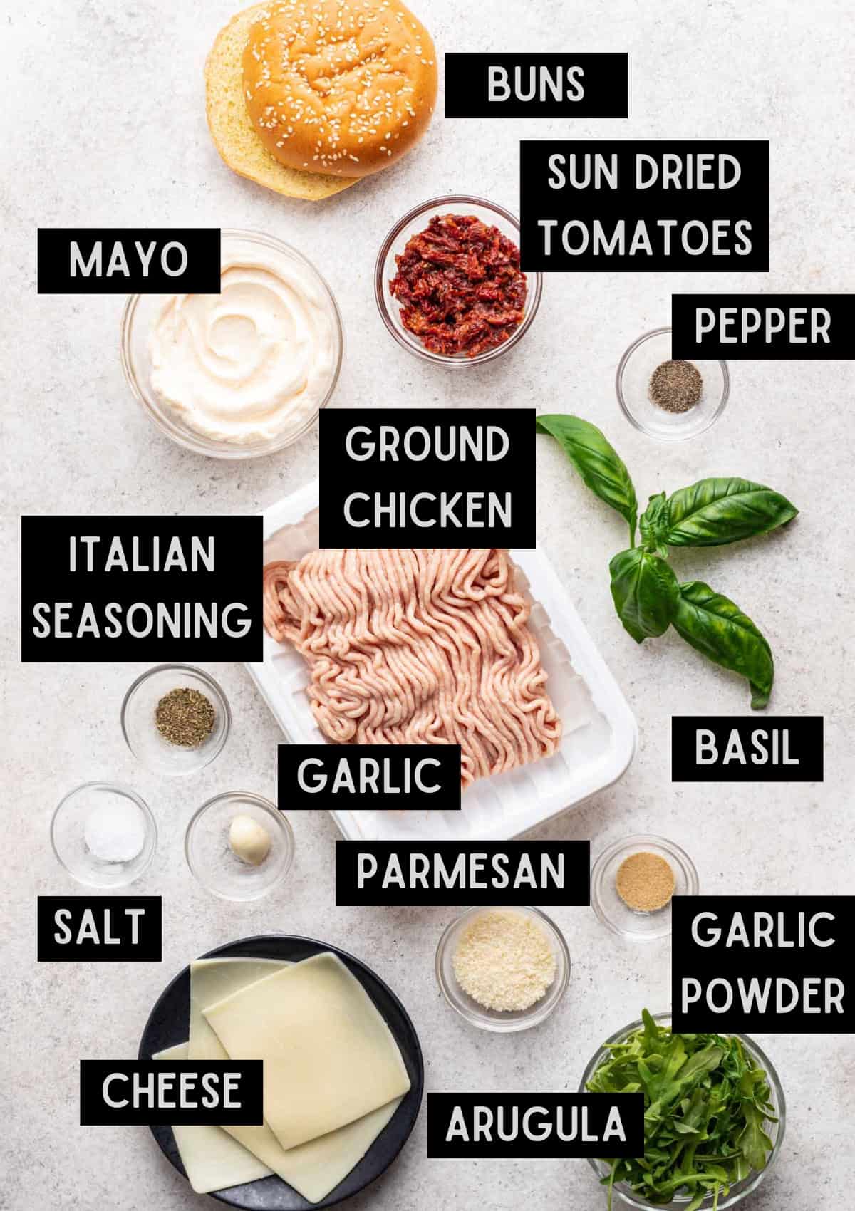 Labelled ingredients for Marry Me Chicken Burgers (see recipe for details).