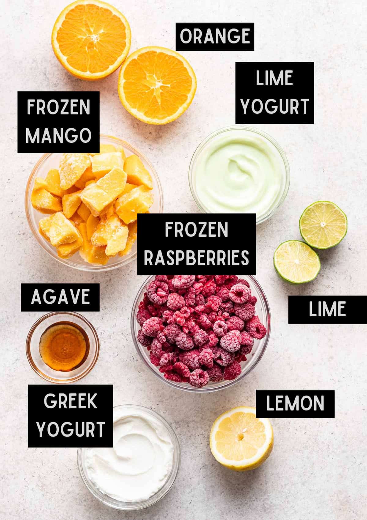 Labelled ingredients for push up popsicles (see recipe for details).