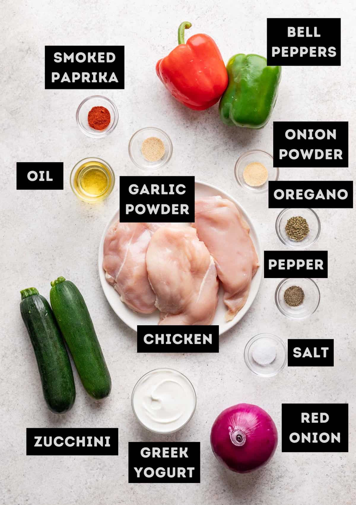 Labelled ingredients for yogurt marinated chicken skewers (see recipe for details).