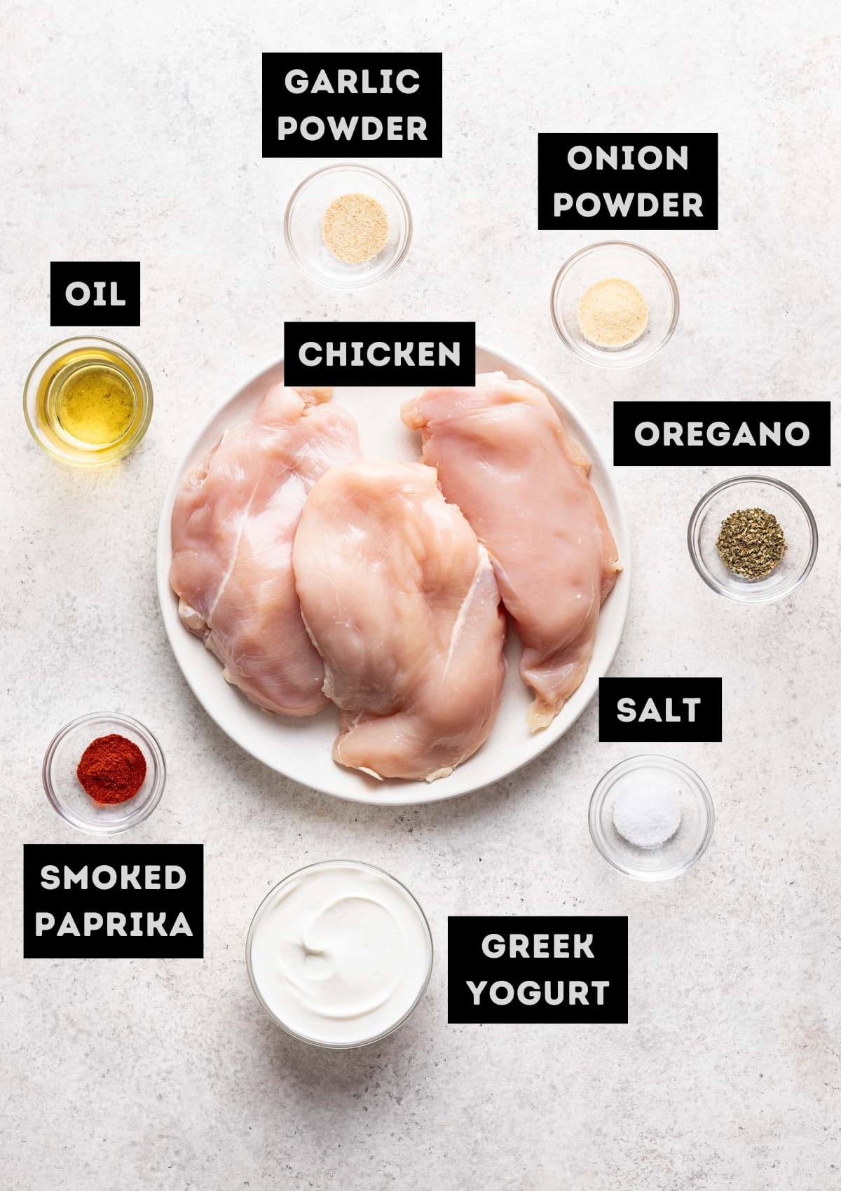 Labelled ingredients for chicken marinade in yogurt (see recipe for details).