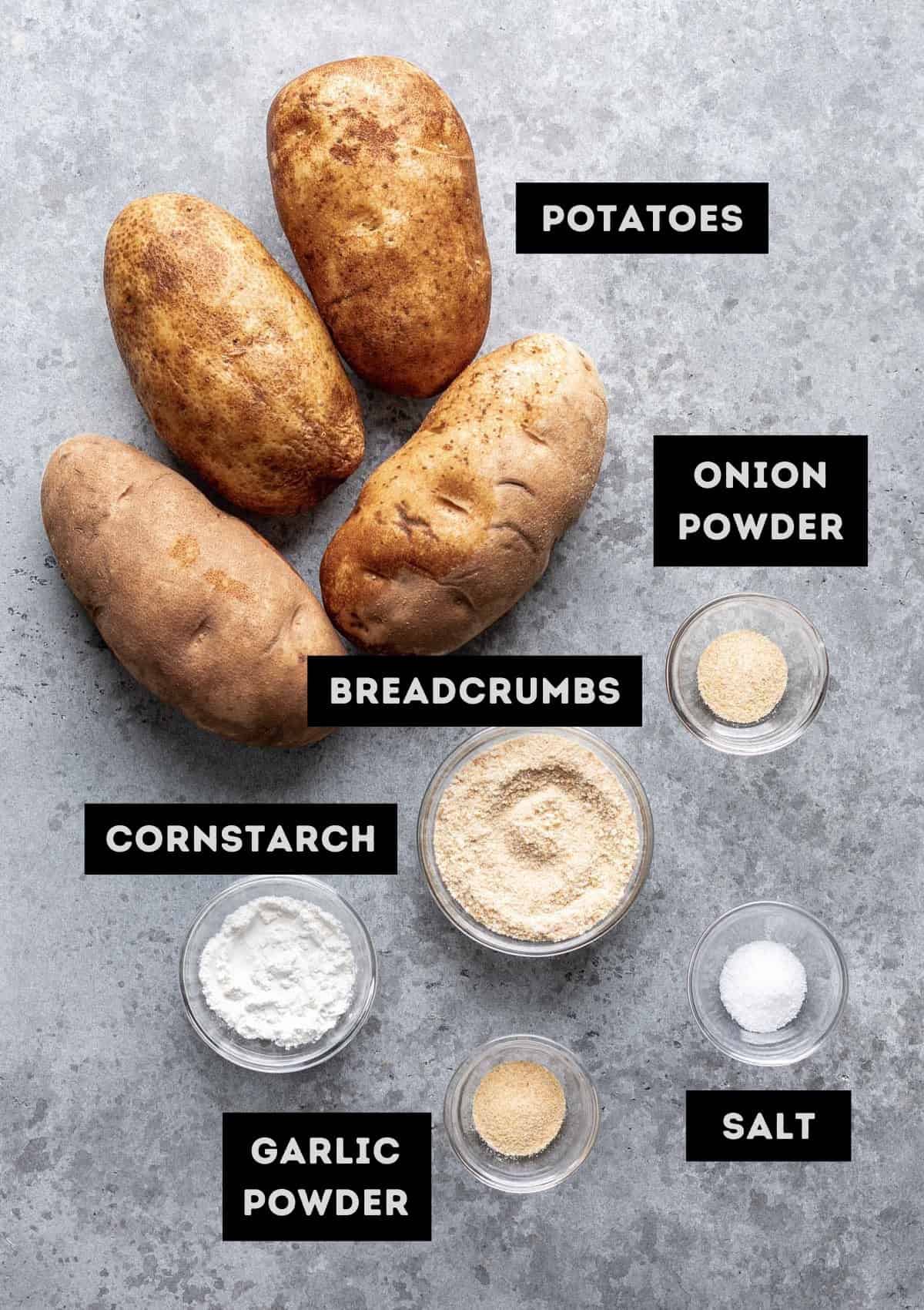 Labelled ingredients for homemade smiley potatoes (see recipe for details).