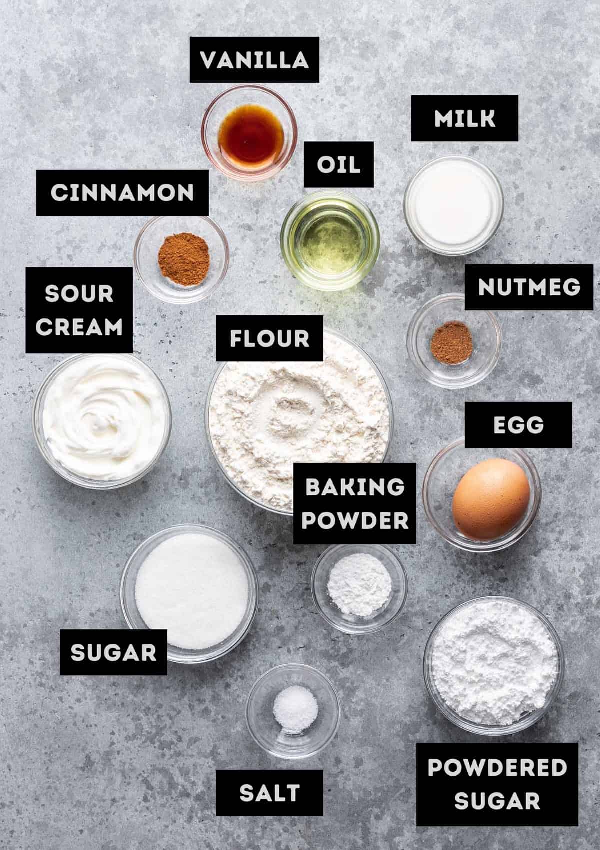 Labelled ingredients for mini powdered donuts (see recipe for details).