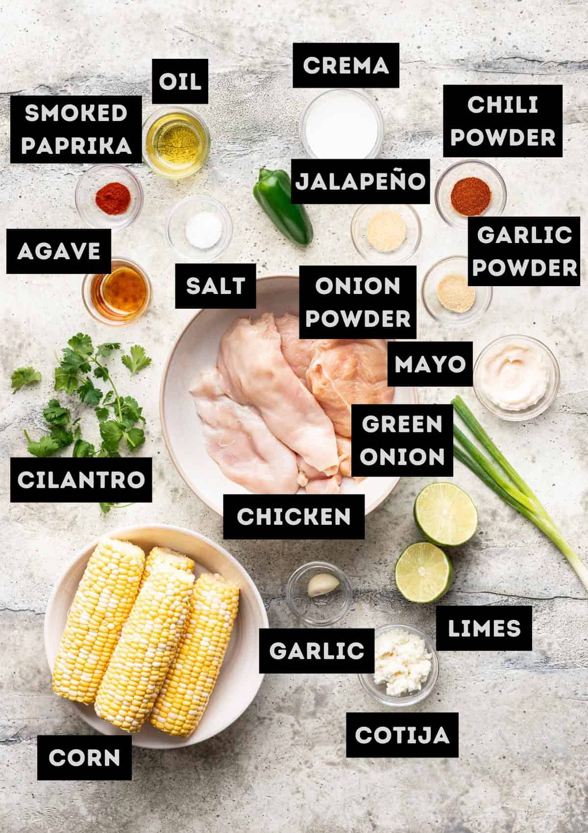 Labelled ingredients for street corn grilled chicken (see recipe for details).