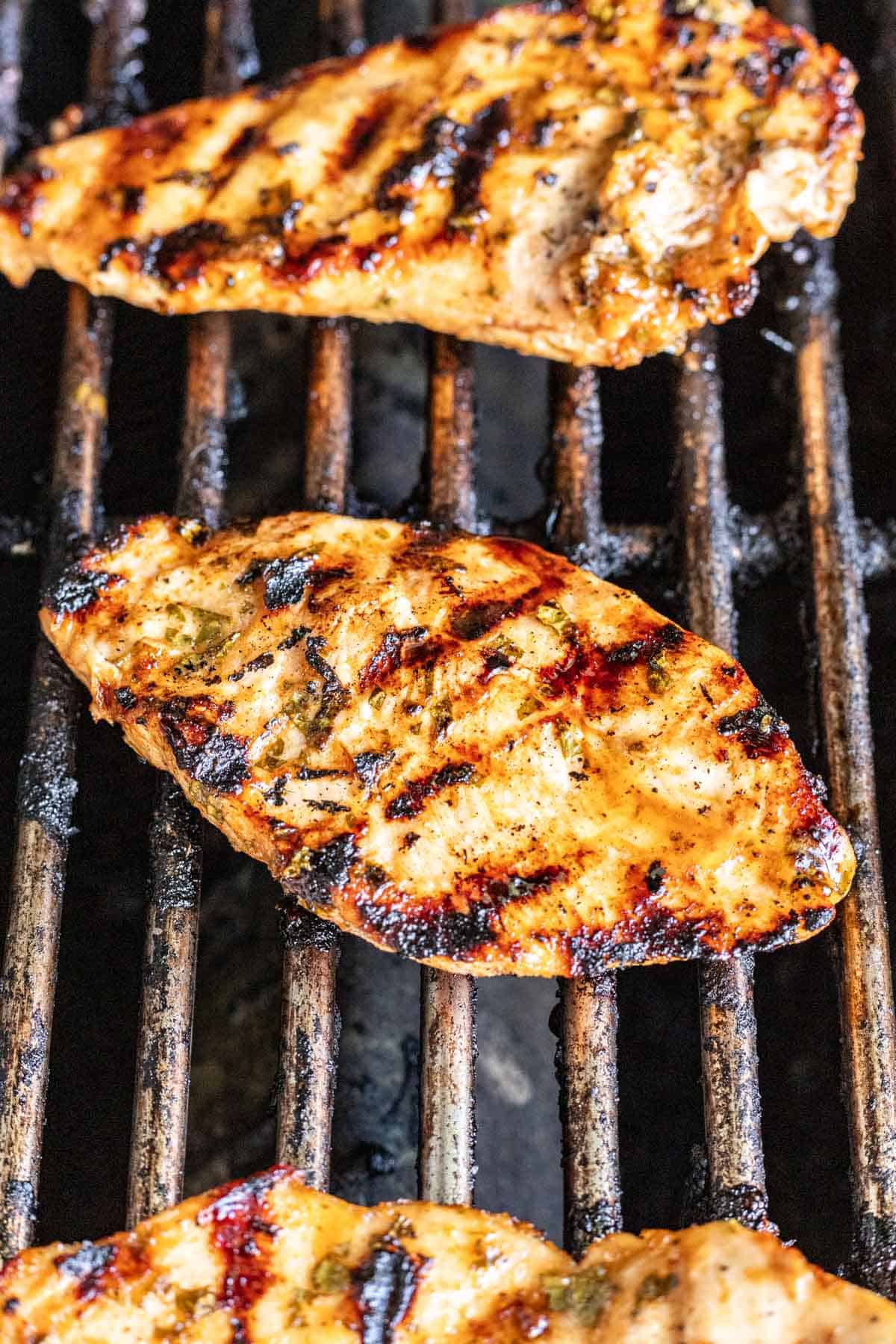 Cilantro lime marinated chicken on a grill.
