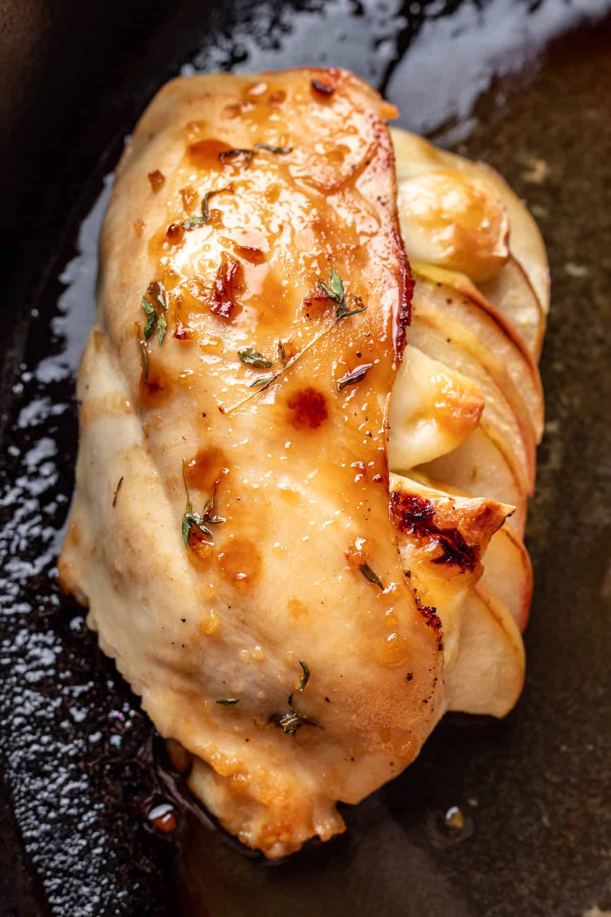 Apple and brie stuffed chicken broiled until golden brown.