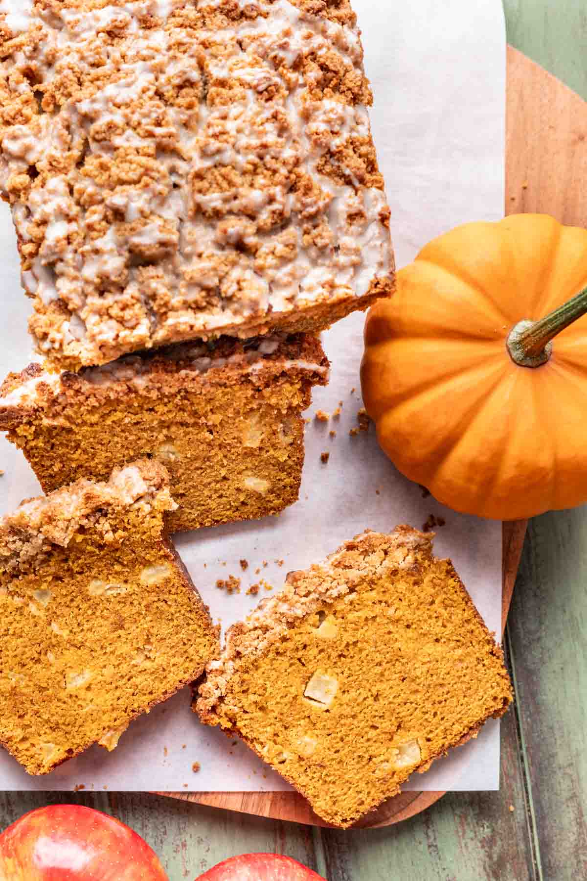 Apple pumpkin bread sliced into 3 slices.