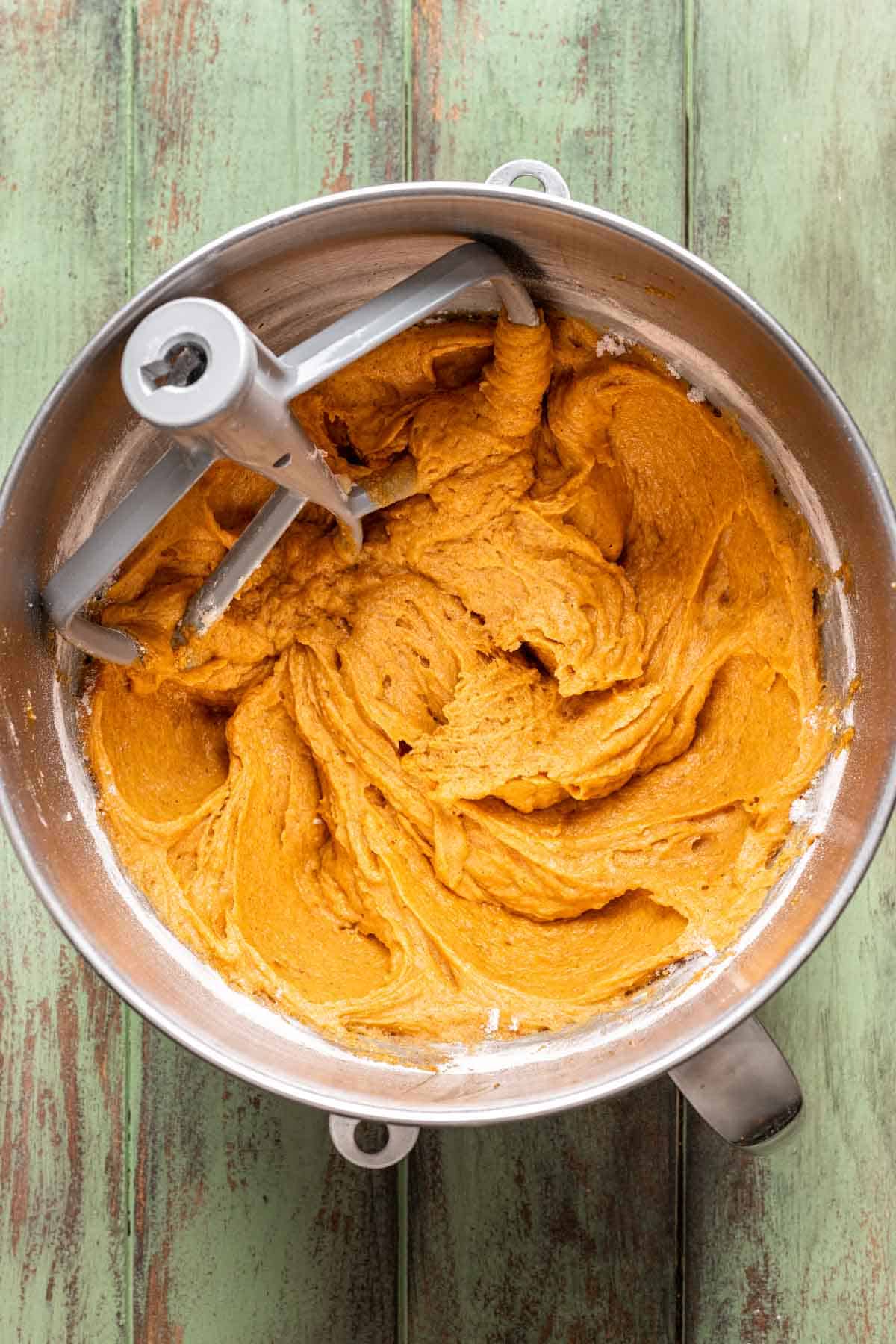 Apple Pumpkin Bread batter mixed in a mixing bowl.