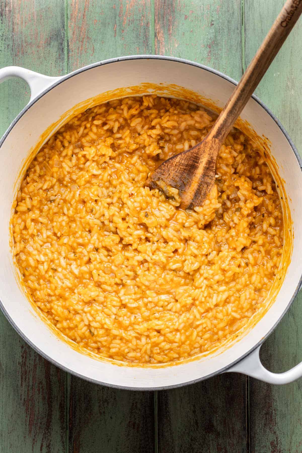 Broth added to the rice until absorbed, soft, and fluffy.