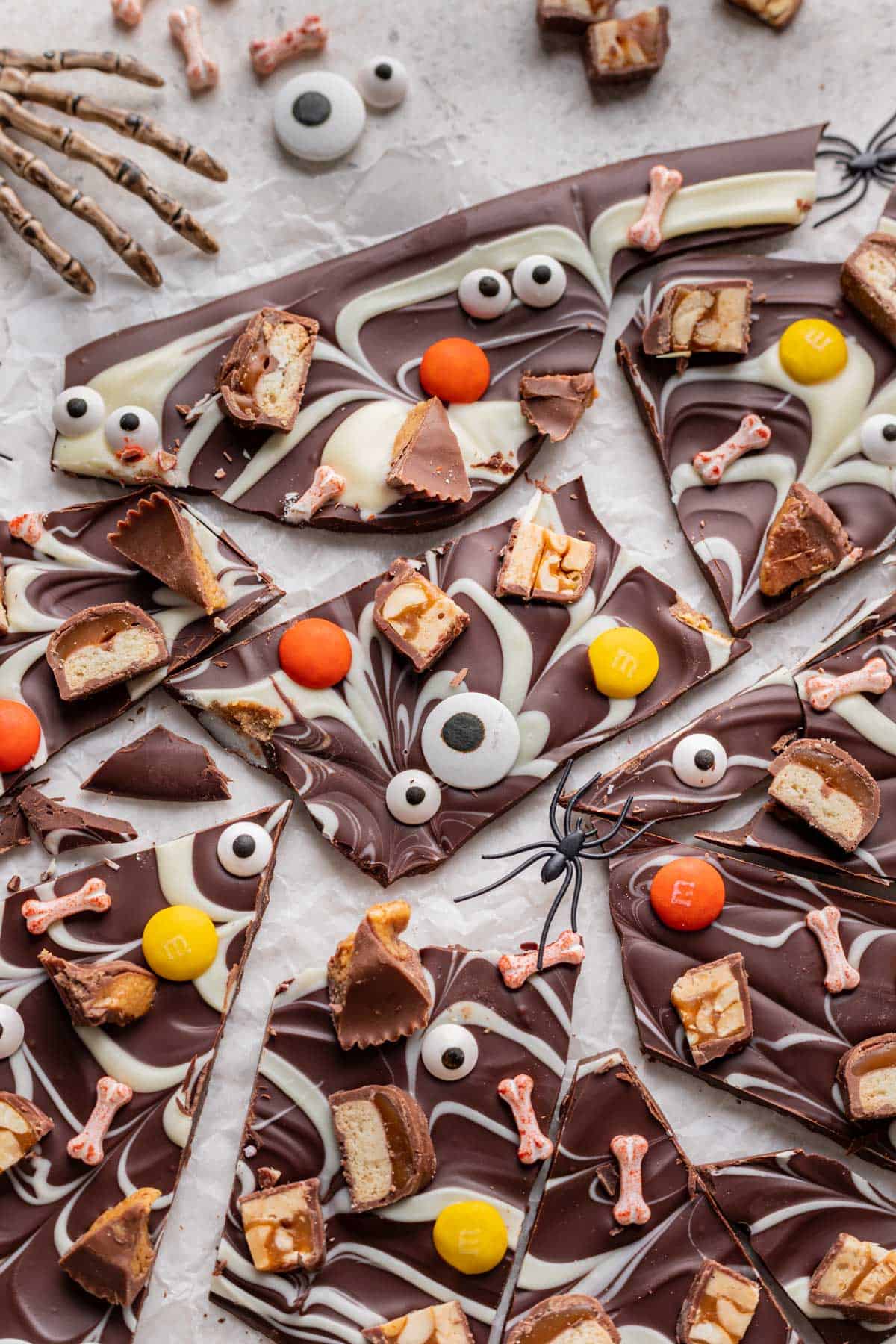 Halloween candy bark broken into pieces for snacking.