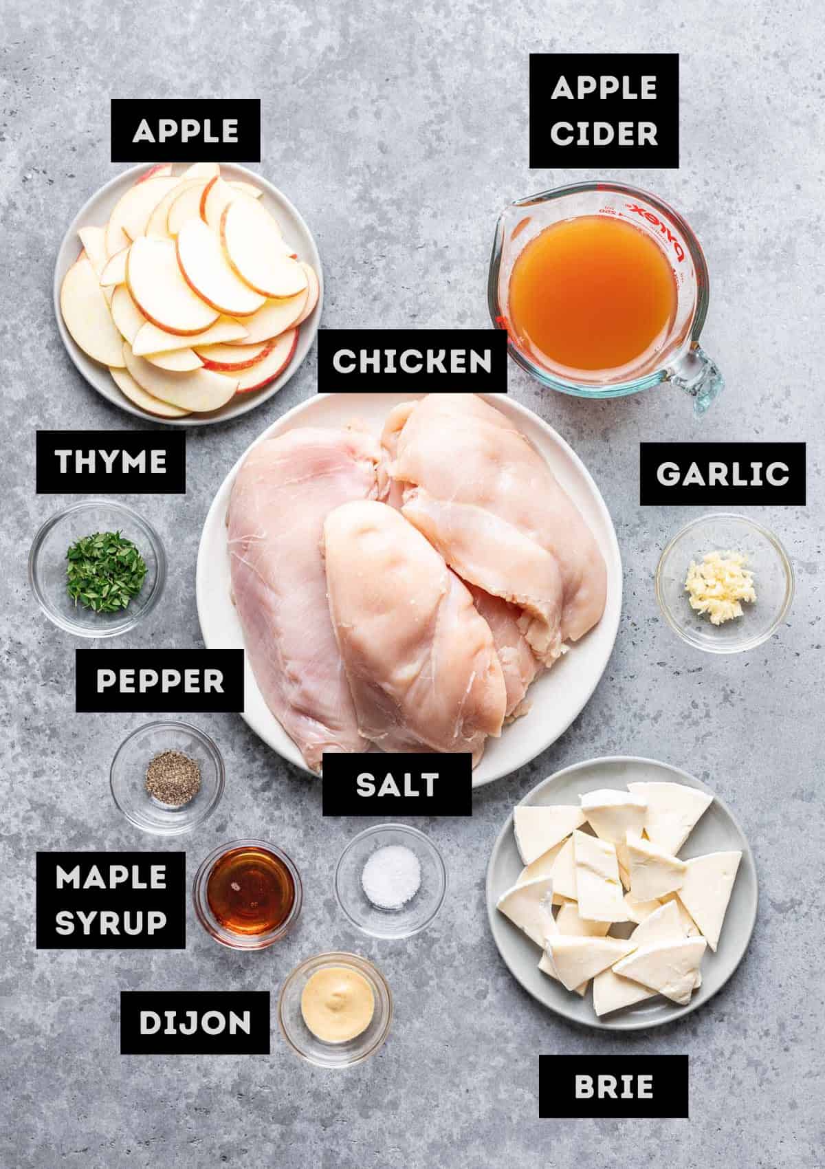 Labelled ingredients for apple and brie stuffed chicken (see recipe for details).