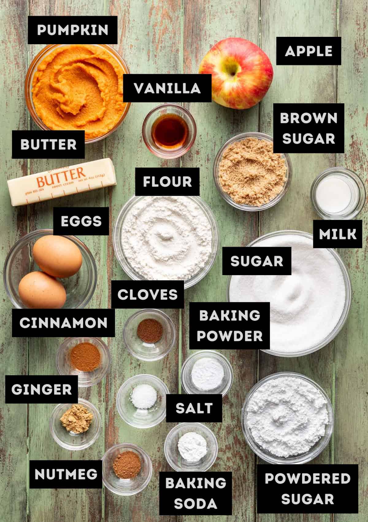 Labelled ingredients for apple pumpkin bread (see recipe for details).