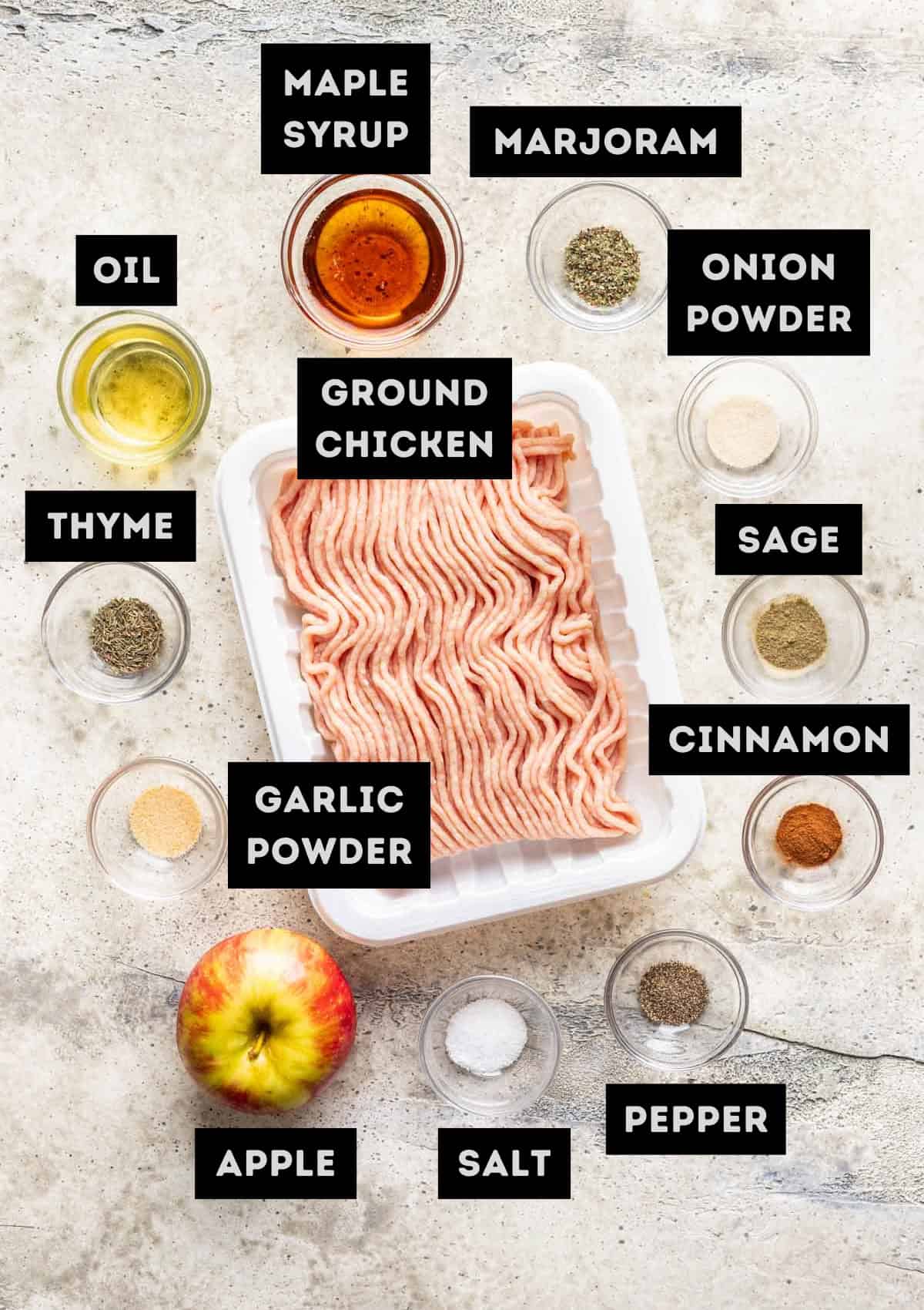 Labelled ingredients for chicken and apple breakfast sausage (see recipe for details).