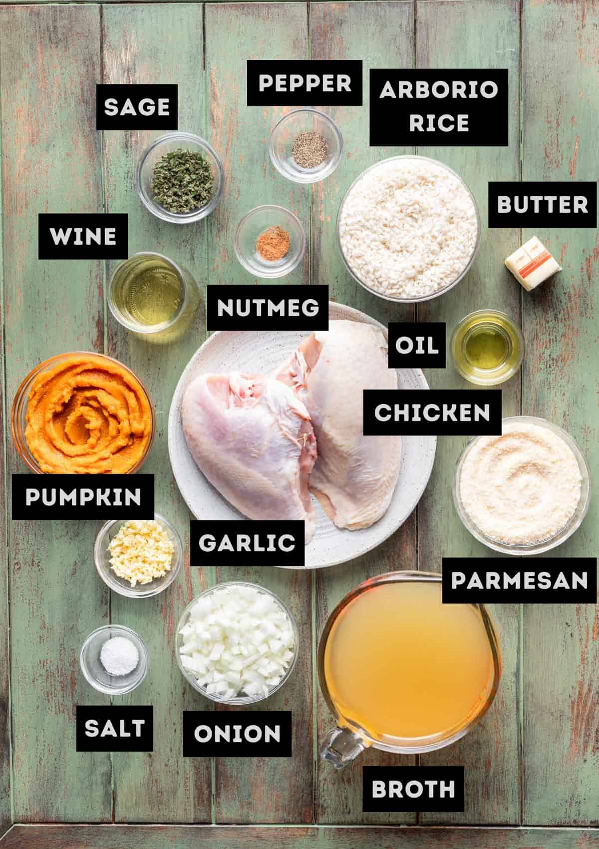 Labelled ingredients for chicken and pumpkin risotto (see recipe for details).