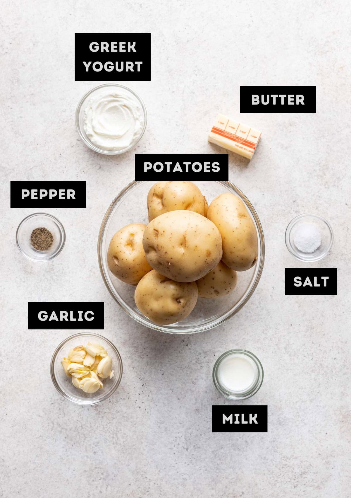 Labelled ingredients for greek yogurt mashed potatoes (see recipe for details).