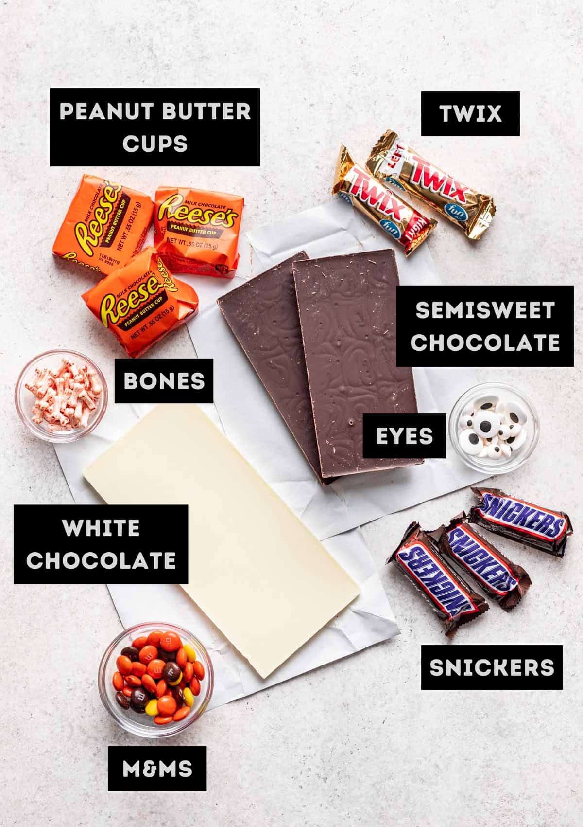 Ingredients for Halloween Candy Bark (see recipe for details).