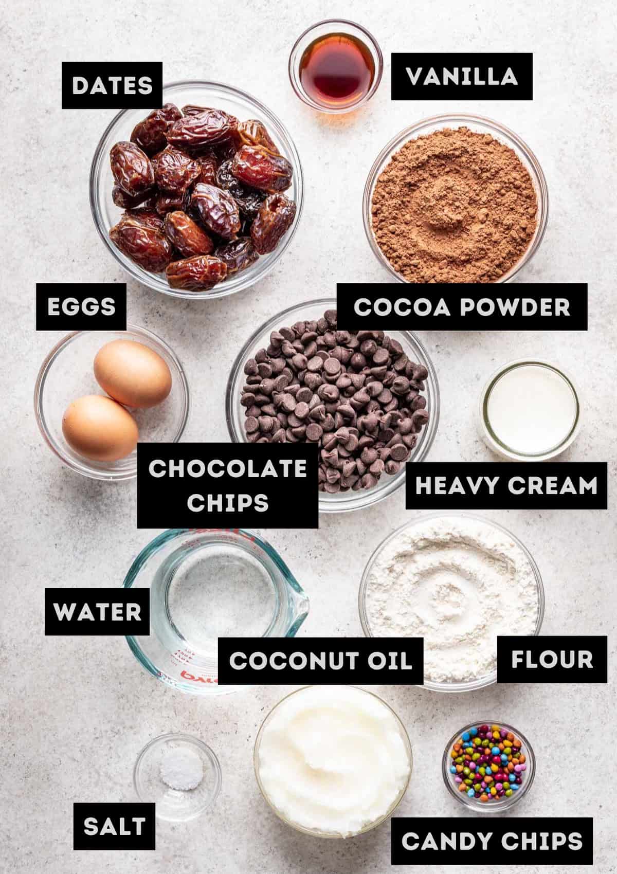 Labelled ingredients for homemade cosmic brownies (see recipe for details).