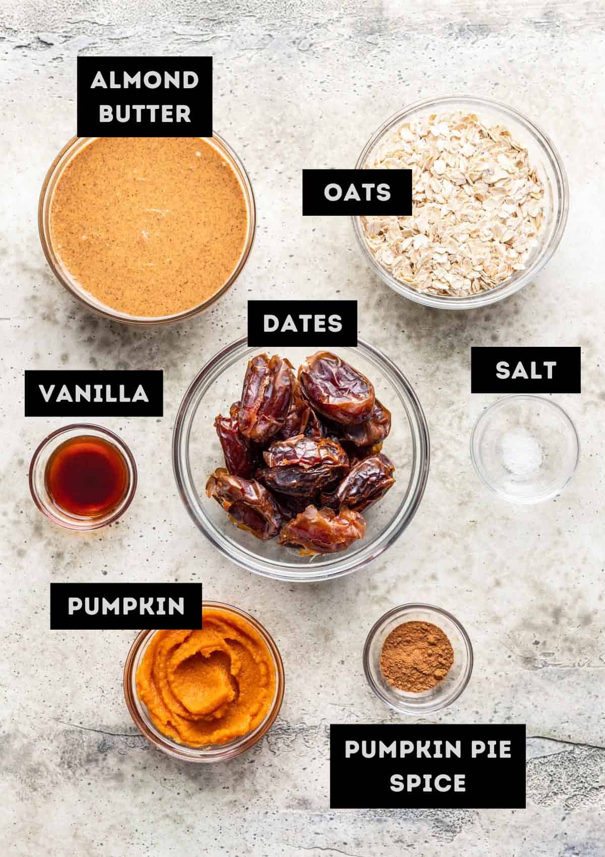 Labelled ingredients for pumpkin bliss balls (see recipe for details).