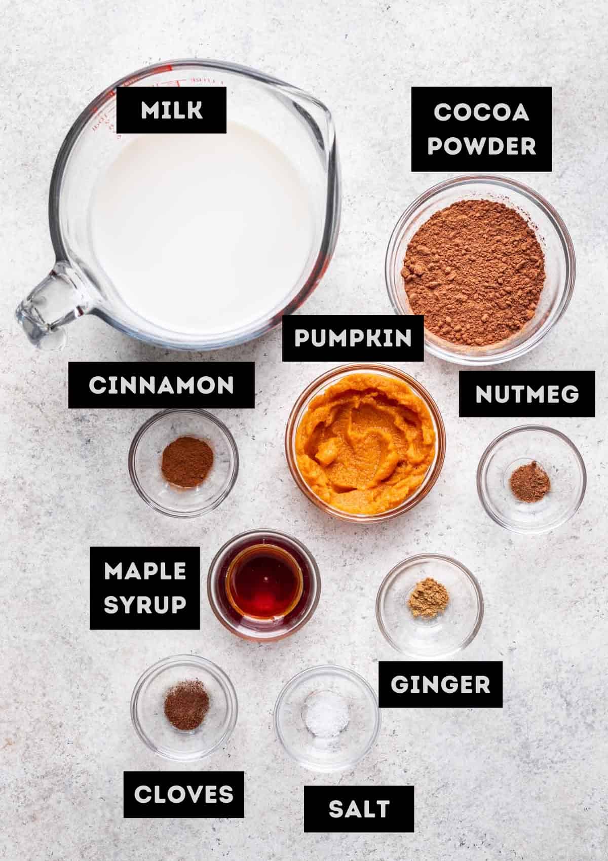 Labelled ingredients for pumpkin spice hot chocolate (see recipe for details).