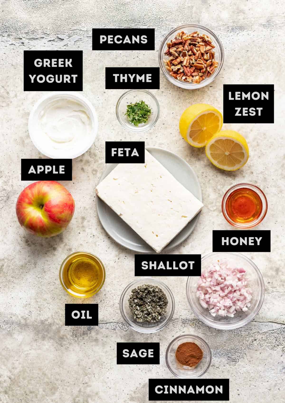 Labelled ingredients for whipped feta with apple pecan topping (see recipe for details).